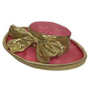 VTG Mr.‎ John Pink & Gold Straw Sun Classic Derby Hat Floppy Brim Bow Elegant